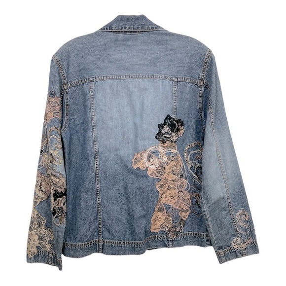 VTG Chico Designer Embroidered Lace Denim Statement Jean Jacket size 0 - Picture 6 of 12